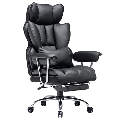 EFOMAO Big and Tall Office Chair with Foot Rest 400LBS, PU Leather Computer Chair, Heavy Duty Executive Office Chair with Lumbar Support, Black Home Office Chairs