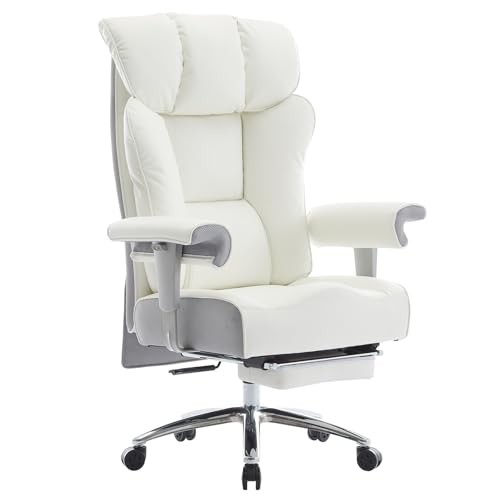 EFOMAO Big and Tall Executive Office Chair 400lbs - White Desk Chair for Women with Footrest, 24″ Wide Ergonomic Pocket Spring Cushion Seat, Heavy Duty Computer Chair for Home Office, Gaming